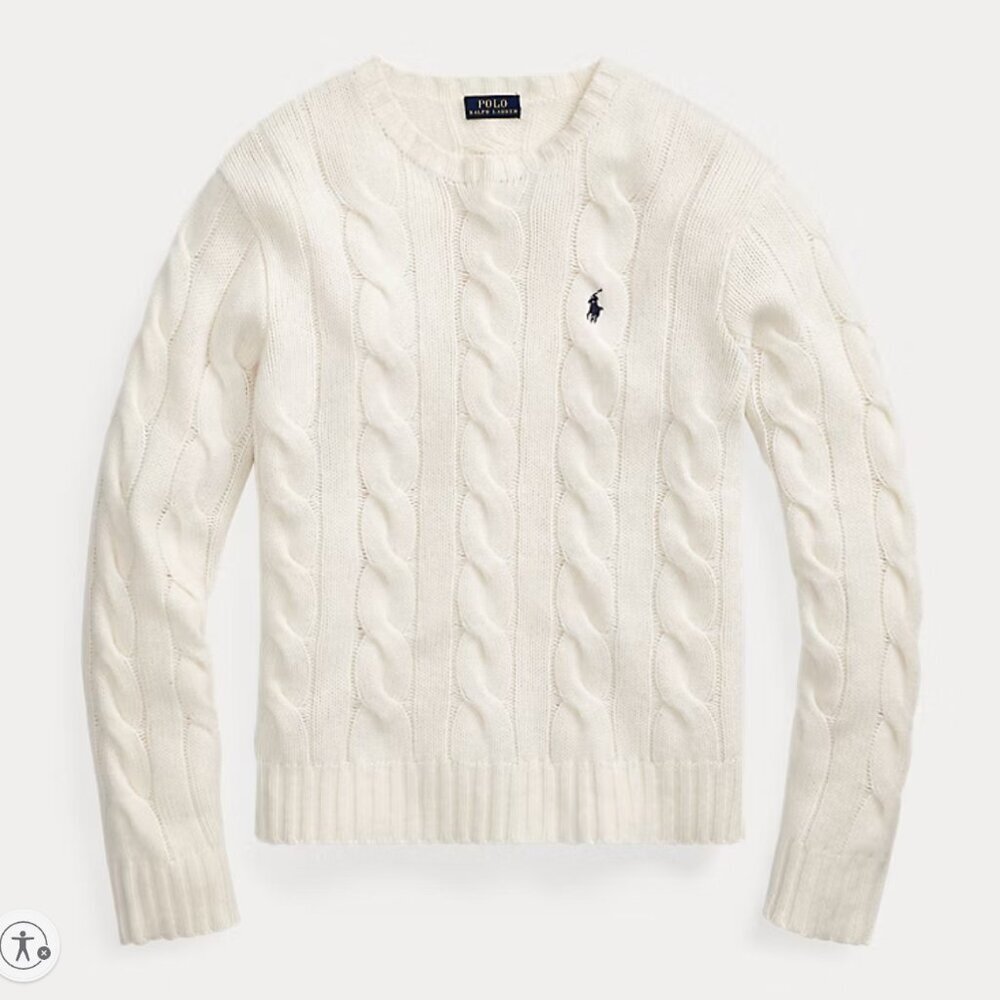 POLO Ralph Lauren Cable Knit Wool Cashmere Cream Crewneck Sweater XS $248 - Picture 2 of 9